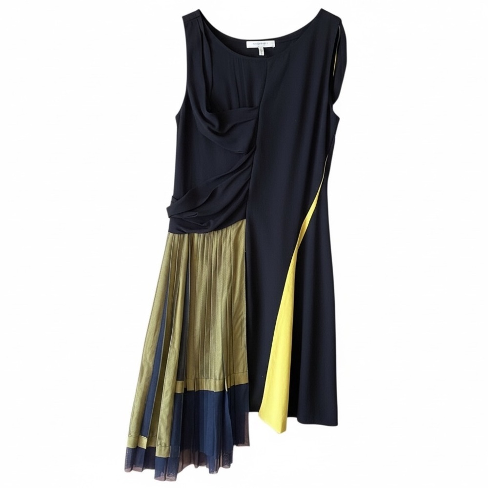 BCBGMaxAzria Runway Black and Yellow Asymmetrical Color-block Dress